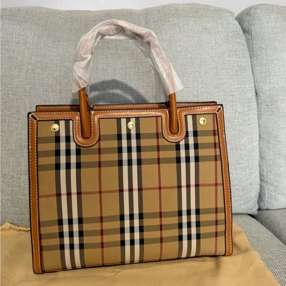 Tan Check Tote with Brown  Trim - Picture 2 of 11